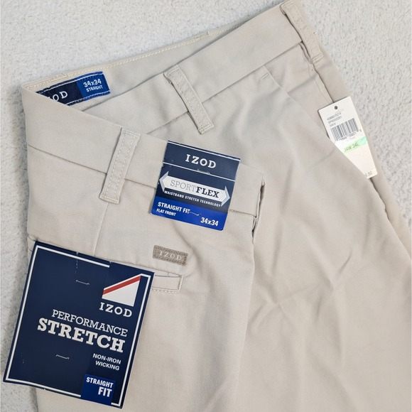 NEW Izod Sportflex Pants Mens 34x34 Beige Performance Plus Stretch Wicking - Picture 1 of 9